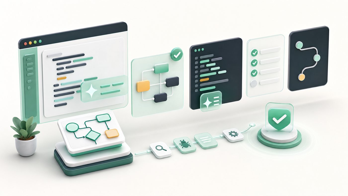 3D visual of AI-assisted planning, code review, workflow mapping, debugging, and approval steps