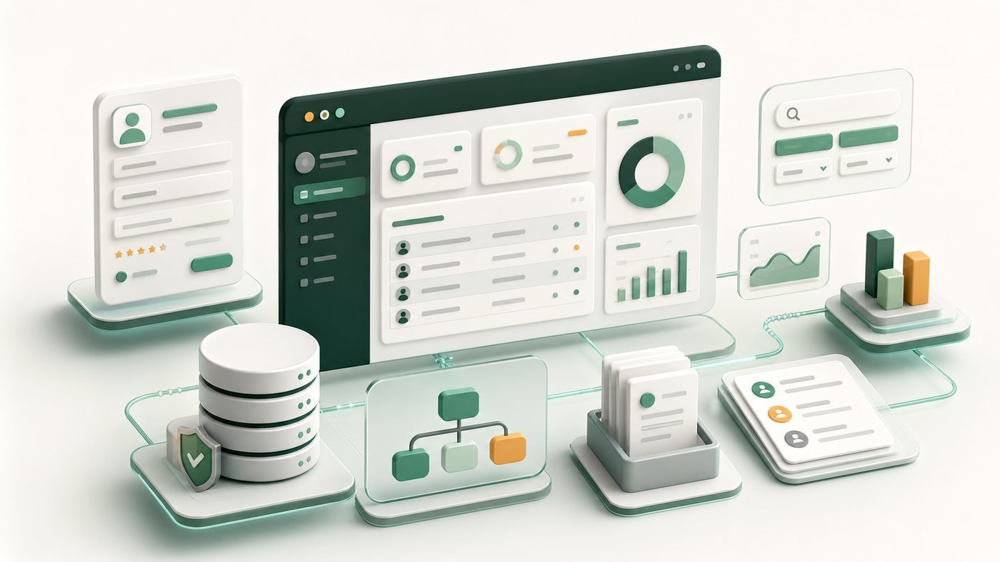 3D visual of an admin dashboard, database, records, charts, and connected business workflow modules