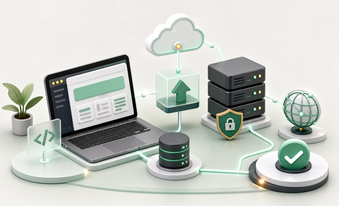 3D visual of a deployment-ready web application connected to cloud hosting, database, server, and domain